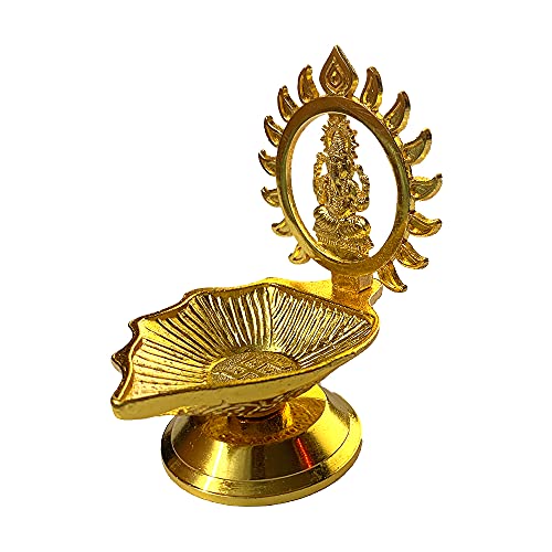 KSJONE Set of 2 Traditional Brass Kamatchi Vilaku/Kamakshi Devi Maa/Ganesha/Siddhivinayak Diwali Puja Jyoti Diya Deepawali Diya/Oil Lamp/Candle Tea Light Holder/Diwali Decoration 8.2 cm