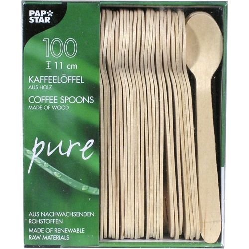 Papstar pure 10085, 100 wooden coffee - tea spoons, made of light birch wood, 11 centimeter