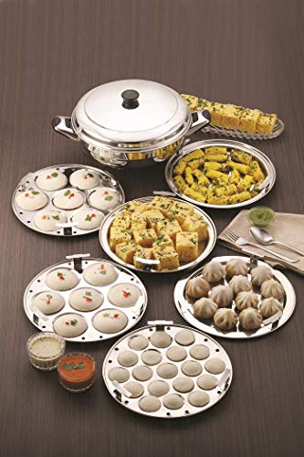 Komal Multi Kadai with Induction Bottom 6 Pcs Set,1-Steamer Plate,1 Mini Idli Plate (19 Cavities),2 Idli Plates,2 Dhokla Plates,Silver