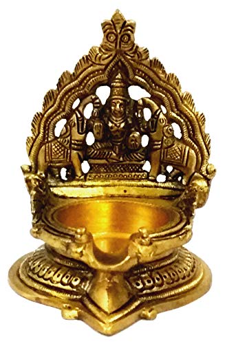 Purpledip Brass Kamatchi Vilakku: Ashta-Lakshmi Oil Lamp Diya for Wealth & Prosperity (11752)