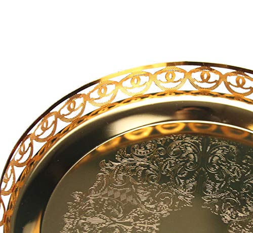 Gold Serving Tray Round Decorative Mirror Polished Paandan Tray Plated Engraved Tray Centrepiece Tealight Candles Plate Tea Fruit Platter Snacks Cupcake Drinks Serving Tray 23cm (Style 3 - Gold)