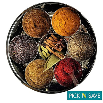 PNS Spice Box/Masala Dabba with 7 Compartments made out of Highest food grade stainless with FREE Serving spoon (20cm, Stainless Steel Lid)