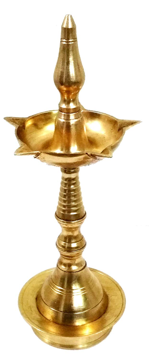 Purpledip Brass Kuthu Vilakku Inauguration Oil Lamp: Traditional Design Diya, 9 inches (11761)